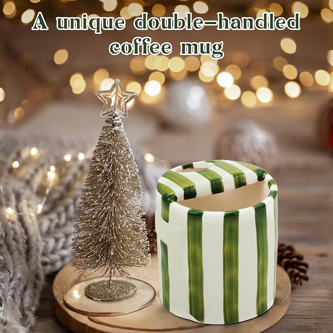 Cute Ceramic Espresso Coffee Mug with Sip Hole,10oz Novelty Retro Hand-Painted Porcelain Travel Cup,Green & White Striped Art Design,for Hot & Cold Drinks,Gift for Dad Iced Coffee Lover - Image 6