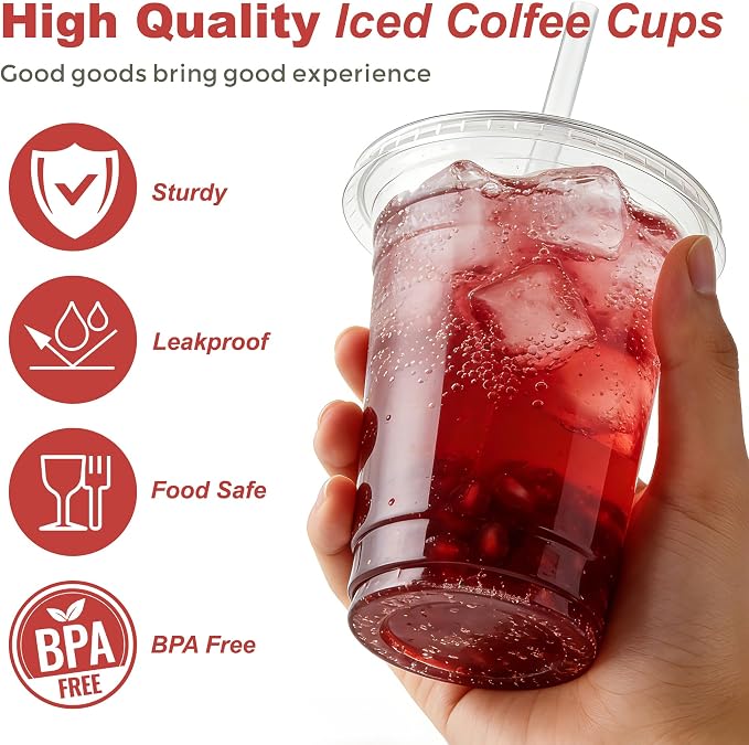 Ginkgo 100 Pack - 16 oz Clear Plastic Cups with Lids and Straws | Leak-Proof & Sturdy, Disposable Iced To Go Coffee Cups for Smoothie, Cold Beverages - Image 3