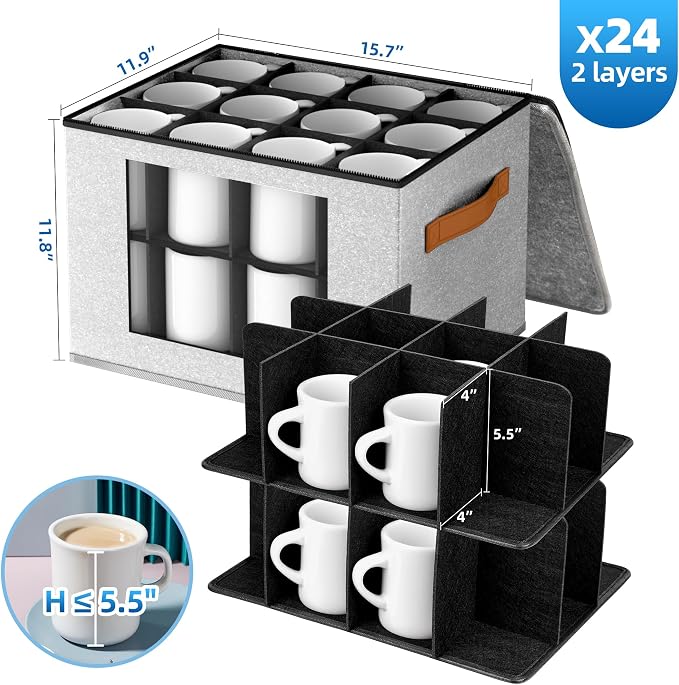 Foyego Cup and Mug Storage Box with 24 Dividers, Light Grey, 2-Layer | with Lid, Visible Window, Soft Handles, for Packing and Moving, Stackable Storage Containers for Coffee Mug Cups and Glasses - Image 2