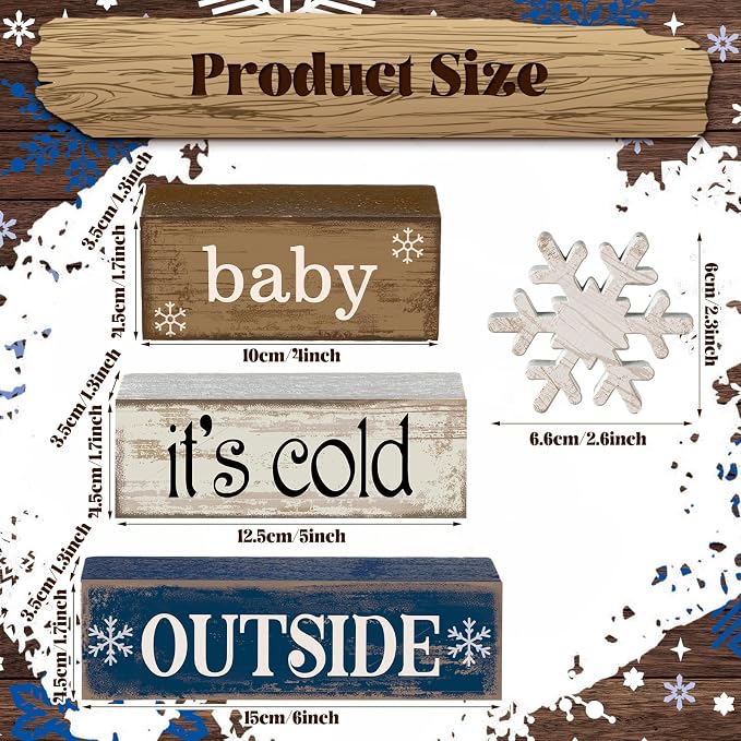 Moucuny 4 Pcs Christmas Table Decoration Winter Wooden Stacked Block, Baby It's Cold Outside Signs with Snowflake Topper, Rustic Christmas Tiered Tray Decor Snowflake Decor for Home Office Shelf - Image 2