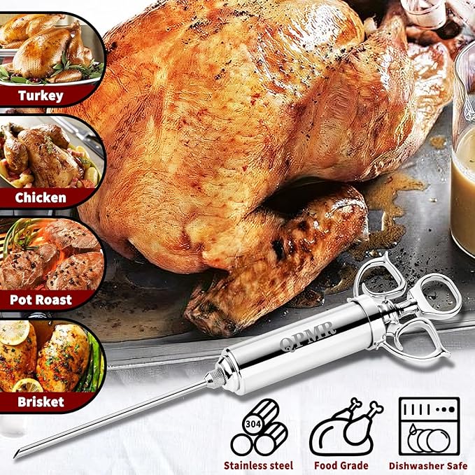 Meat Injector Syringe Kit, 2-oz Large Capacity Marinade Turkey Injector with 3pcs Stainless Steel Marinade Injector Needles for BBQ Grill Smoker & Turkey & Brisket