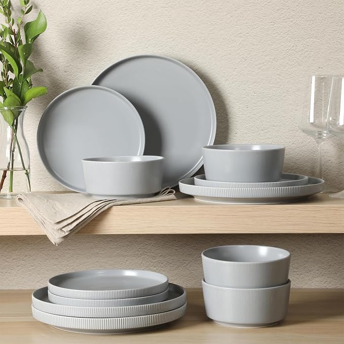 Gibson Home Dempsey Road 12-Piece Stoneware Dinnerware Set – Service for 4, Round Grey Plates and Bowls, Durable Solid Color Modern Embossed Dish Set, Microwave & Dishwasher Safe - Image 6