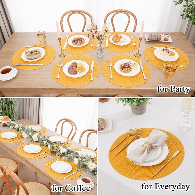 SHACOS 15 inch Round Braided Placemats Set of 6 Non Slip Washable Kitchen Table Place Mats Cotton Polyester Heat Resistant Table Mats for Home Wedding Dinner Party Table Decor, Mustard Yellow - Image 7