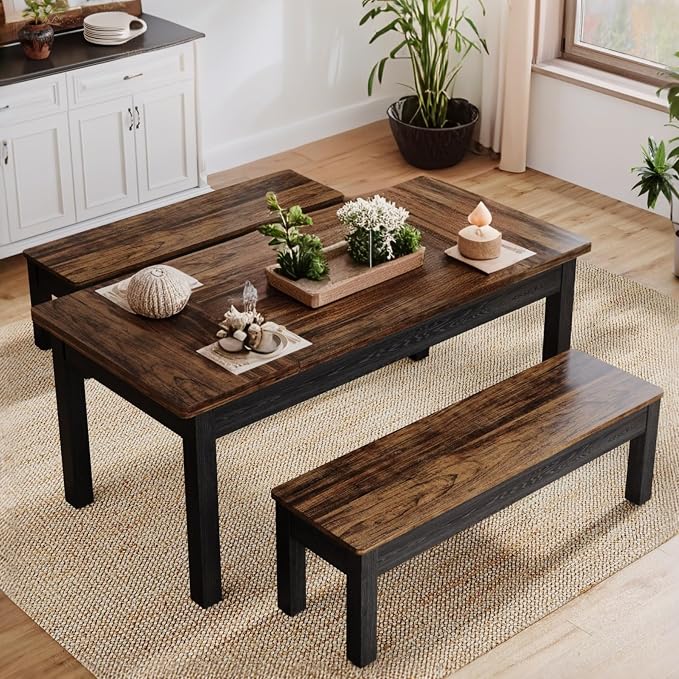 Tribesigns Farmhouse Kitchen Table Set for 4-6, 55-Inch Wooden Dining Table with 2 Benches, Space Saving 3 Pieces Heavy Duty Dinette for Dining Room, Kitchen, Small Space (Black-Brown) - Image 8