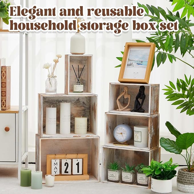 Set of 6 Farmhouse Wooden Crate Antique Wood Crates for Pantry Decor Organizer Storage Rustic Wooden Crates for Display Decorative Solid Wooden Storage Box for Book Storage Organizing - Image 2
