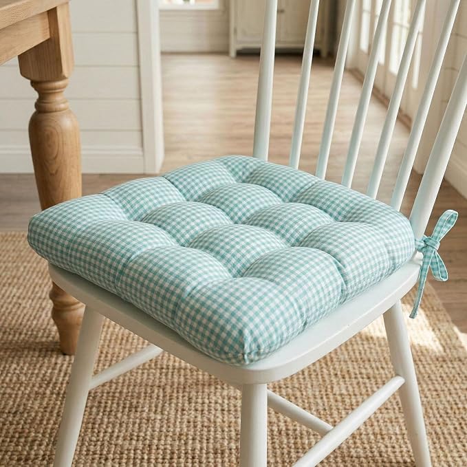 Barnett Home Decor Dining Chair Cushions with Ties, 16.5 x 18 Inches, Pack of 2 – Machine Washable, Made in USA with 100% Cotton and Plush Latex Foam Fill – Madrid Aqua Gingham Check - Image 2