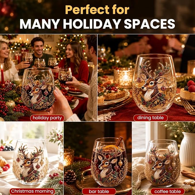 Christmas Wine Glasses, 12oz Stemless Holiday Glassware with Festive Style (Christmas Glasses Set of 4 (A)) - Image 5