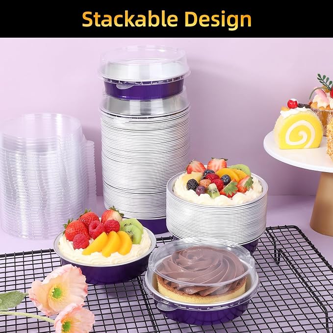 Beasea Mini Tart Pans with Lids, 120 Pack 7.3oz 4 Inch Disposable Cake Pans Aluminum Foil Pie Tart Baking Cups Tins Individual Dessert Containers Oven Dishes for Cheesecake - Violet Purple - Image 5