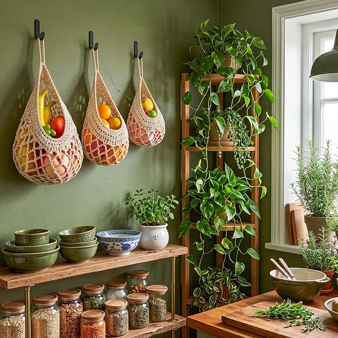 Honeydak Boho Decor Hanging Wall Baskets for Kitchen 3 Pack Teardrop Baskets with Hooks Storage Fruit Onion Vegetable Potato for Home 3 Sizes (White,Crochet,Cotton Rope) - Image 5