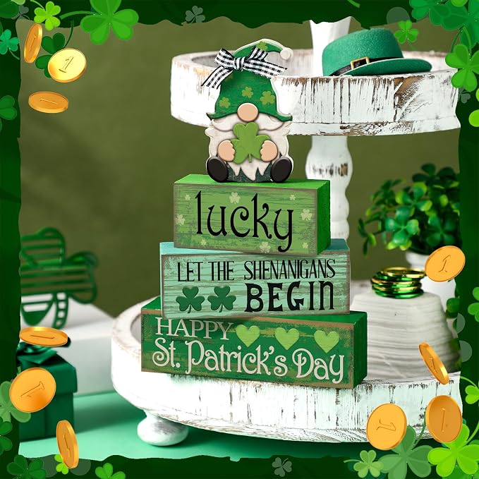 Moucuny 4 Pcs St. Patrick's Day Table Decoration Irish Tiered Tray Decor Wooden Gnome Shamrocks Block Signs Happy St. Patrick's Day Centerpiece for Tables Irish Wooden Sign for Home Decor - Image 2