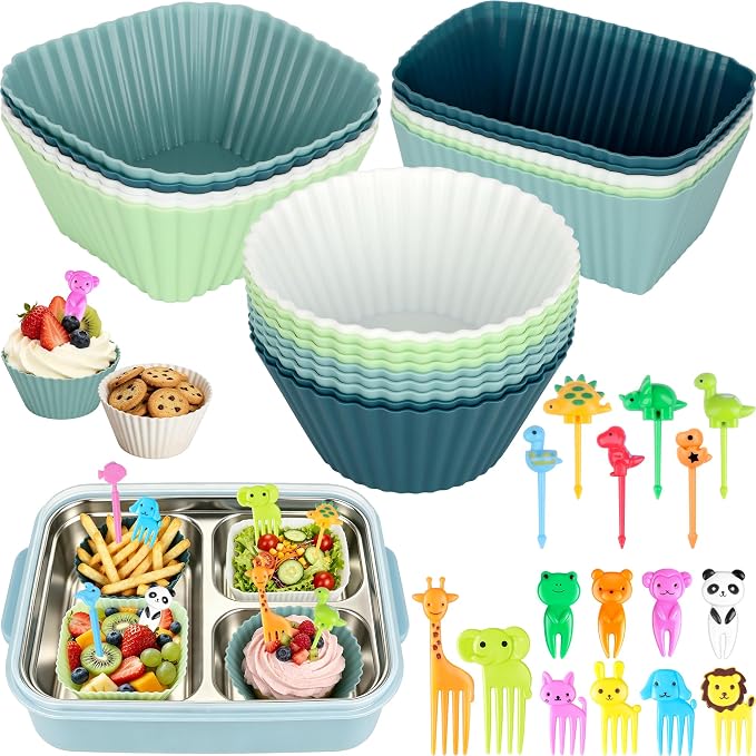 66PCS Silicone Lunch Box Dividers & Cute Animal Food Picks for Kids | 20 Reusable Silicone Cupcake Liners, Muffin Baking Cups, 46 Fruit Toothpicks, Lunchbox Bento Box Accessories Supplies by Unknown