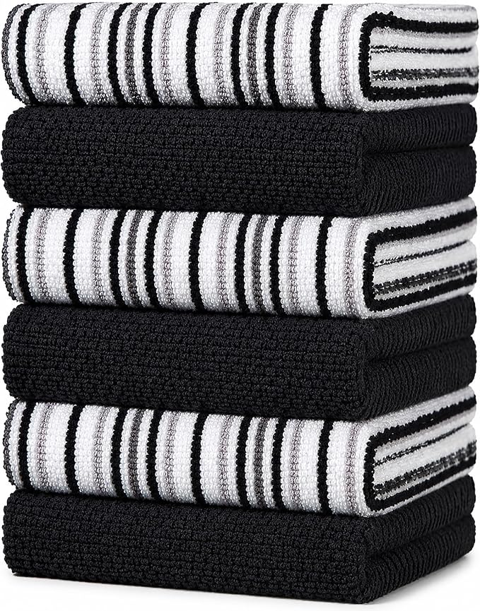 Bumble Kitchen Towels 6 Pack 100% Cotton 16"x26" - Black | 430 GSM Soft Kitchen Hand Towels with Hanging Loop, Highly Absorbent & Durable for Washing and Drying Dishes by BumbleTowels