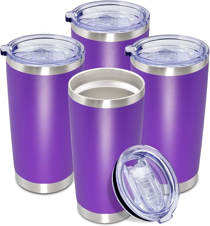 20oz Tumbler Insulated Coffee Tumblers with Lid Stainless Steel Purple 4P | 20 oz Tumblers Double Wall Insulated Vacuum 20oz Coffee Mug Leak Proof Tumblers with Lid Powder Coated - Purple 4 Pack by AEPDTD