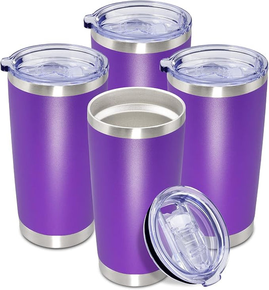 20oz Tumbler Insulated Coffee Tumblers with Lid Stainless Steel Purple 4P | 20 oz Tumblers Double Wall Insulated Vacuum 20oz Coffee Mug Leak Proof Tumblers with Lid Powder Coated - Purple 4 Pack by AEPDTD