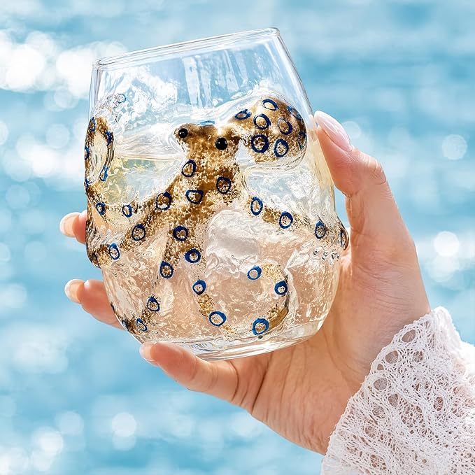 Artisanal Blue Ringed Octopus Glassware, 3D Octopus Stemless Wine Glasses | Handcrafted Marine Animal Bar Glass Collection, 12oz Octopus Drinking Cup for Cocktail, Ocean-Themed Coastal Home Decor Gift - Image 9