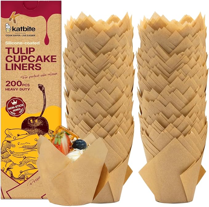 Katbite Tulip Cupcake Liners 200PCS, Standard Size Muffin Baking Cups Brown | Unbleached Greaseproof Food-Grade PFAS-Free 40 GSM ProSmooth Paper, No Fade Thick Bottom Wrappers for Party, Christmas, Gift by katbite