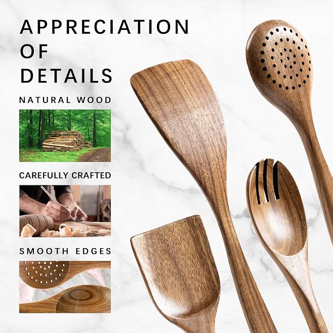Wooden Spoons for Cooking, 4-Piece Acacia Wood Cooking Utensil Set | Spoons and spatulas stir, mix, flip and serve; balanced handles offer control while staying gentle on nonstick cookware. - Image 4