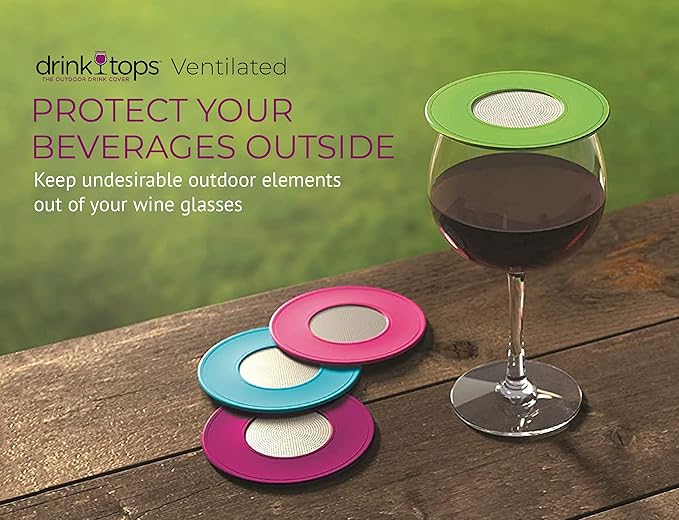 Ventilated Silicone Wine Glass Covers - Weighted Top with Screen Allows Wine to Breathe - Outdoor Covers to Keep Particles Out - BPA Free - 4pk