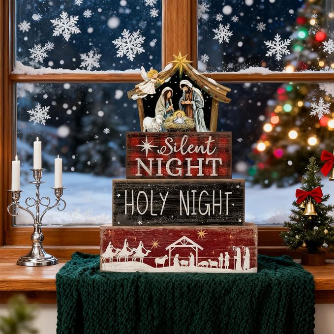 Moucuny 4 Pcs Christmas Table Decor Wooden Christian Religious Decoration Nativity Scene Centerpiece Holy Night Tiered Tray Decor Red and Black Buffalo Plaid Block Signs Xmas Decoration for Kitchen - Image 8
