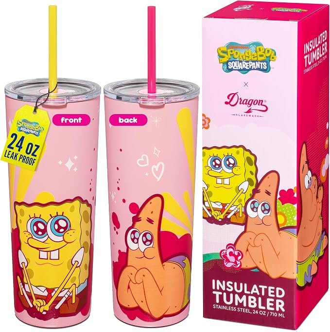 Dragon Glassware x SpongeBob SquarePants Tumbler with Straw, 24 oz - Pink | Vacuum Insulated Stainless Steel Tumbler with Straw & Lid; Double Walled Tumbler with Straw; SpongeBob SquarePants Cup by DragonGlassware
