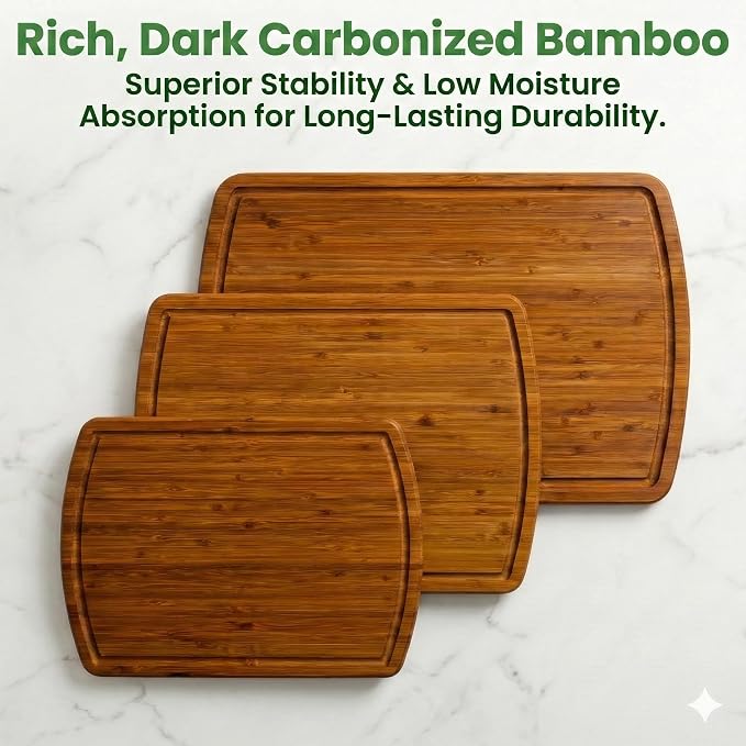 Greener Chef Luxury Bamboo Cutting Board 3-Piece Set with Carbonized Vertical Grain Strength Technology - Extra Large Wooden Cutting Boards for Kitchen with Deep Juice Grooves - Lifetime Replacements - Image 2