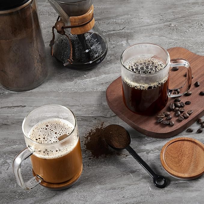DRASTAR Glass Coffee Mugs, 20 oz Clear Coffee Cups, Coffee Mug with Acacia Wood Lid, Tea Glass Cups with Handles, Large Coffee Mug Set of 2, Glass Coffee Cups for Latte, Espresso, Tea - Image 7