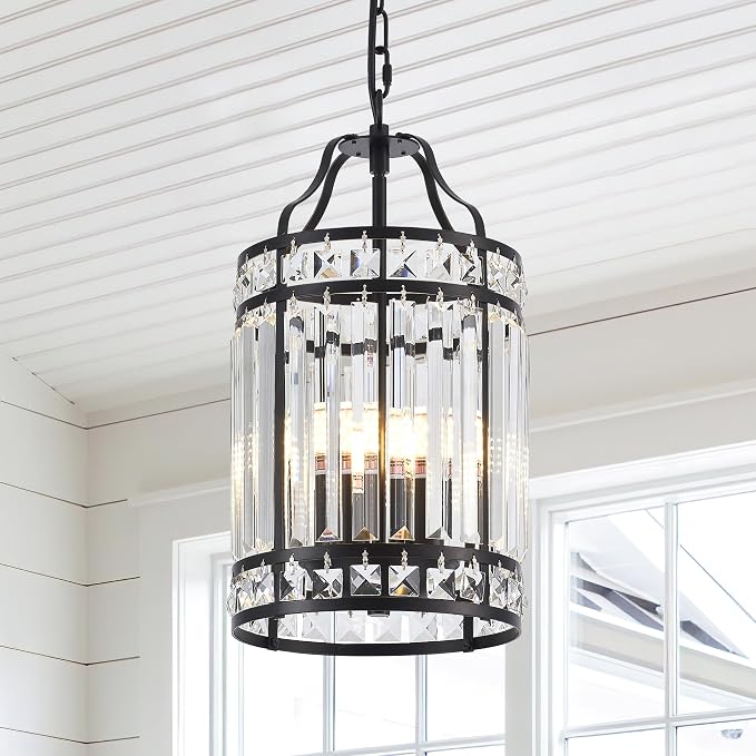 Modern Black Pendant Island Light Fixtures for Kitchen, Luxury Elegant Crystal Small 4-Light Chandeliers for Dining Room, Industrial Cage Hanging Ceiling Lighting for Bedroom Foyer Hallway by Lighceac-ProfessionalLightingFixturesManufacturer
