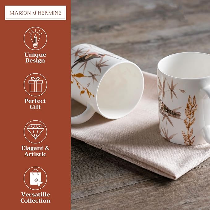 Maison d' Hermine Coffee Mug with Handles Tea Cups (15 Ounce, Pack of 2) | Fine Bone China Coffee Mugs for Hot Beverages Cappuccino Latte Home Restaurant Hotel Spring Summer -Meadow Florals - Beige - Image 2