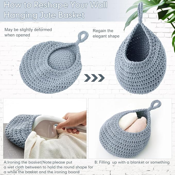 Honeydak Boho Decor Hanging Wall Baskets for Kitchen 3 Pack Teardrop Baskets with Hooks Storage Fruit Onion Vegetable Potato for Home 3 Sizes(Light Blue,Teardrop,Cotton Rope) - Image 4