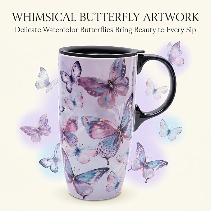 Topadorn 17oz Ceramic Travel Mug with Lid, Coffee Cup with Gift Box | Watercolor Butterfly Coffee Mug with Handle, Microwave & Dishwasher Safe, Gift Box Included - Image 8
