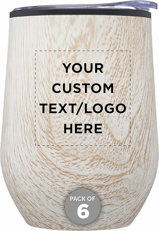 Custom Palmera Stemless Wine Tumblers with Lids 12 oz. Set of 6, Personalized Bulk Pack - Perfect for Wine, Cocktails, Other Hot & Cold Beverages - Ashwood