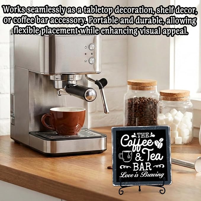 Coffee Bar Sign, Love is Brewing Farmhouse Tabletop Decor, Coffee and Tea Lover Gifts, 5x5 Wood Plaque with Iron Stand for Home Kitchen Cafe, Coffee Bar Decor – L03 - Image 4
