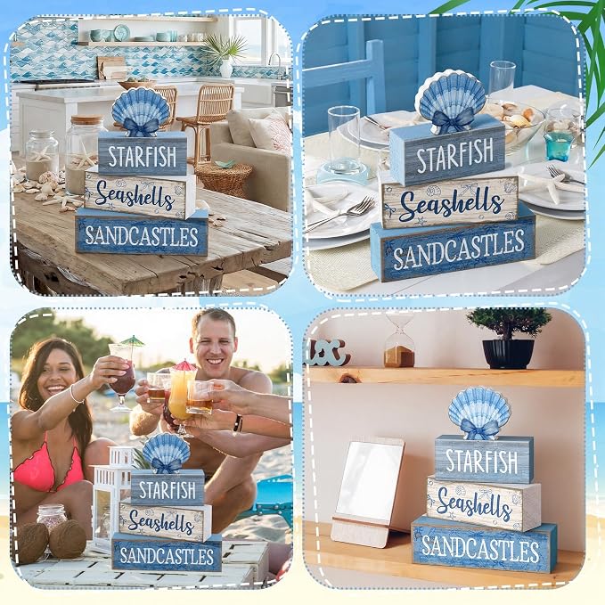 Moucuny 4 Pcs Nautical Beach Decor Shell Tiered Tray Decoration Blue Bow Table Centerpieces Summer Rustic Decorative Block Signs Gift Farmhouse Table Sign for Home Kitchen Shelf - Image 4
