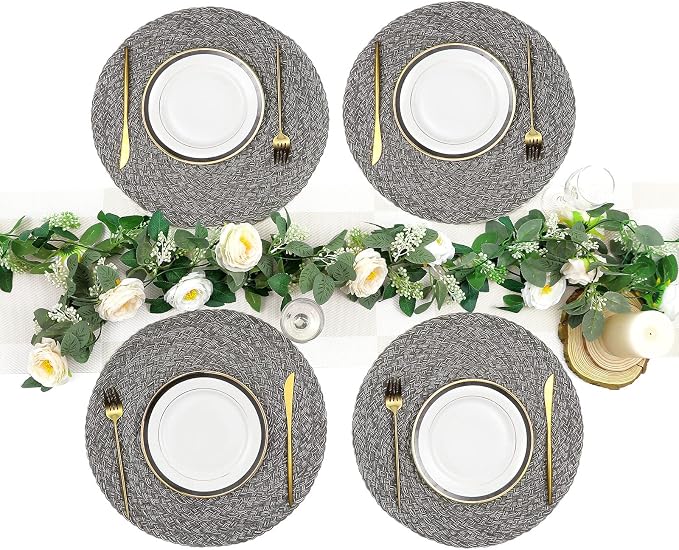 SHACOS Round Braided Placemats Set of 6 Thick Woven Placemats Washable 15 inch Circle Place Mats Non Slip Table Mats for Dining Table, Gray White - Image 7