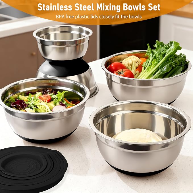 Mixing Bowls with Airtight Lids, 18pcs Stainless Steel Mixing Bowls Set | Nesting Non-slip Silicone Bowls Bottom, Size 4.5, 3.6, 2.7, 2.1, 1.7, 1.1, 0.7 qt, Fit for Mixing & Serving(Black) - Image 6