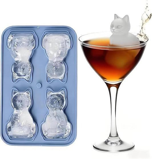 3D Cat Silicone Ice Cube Mold with Funnel - Whiskey & Cocktail Ice Trays for Bourbon, Brandy, Fast Freeze BPA-Free, Easy Release Novelty Gift for Men (blue)