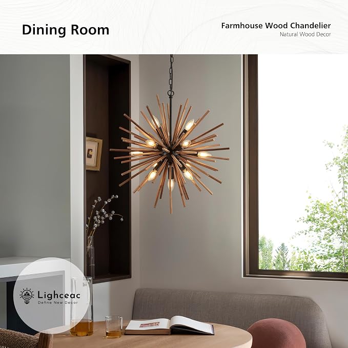23.6" Farmhouse Sputnik Chandelier for Dining Room Rustic Handmade Natural Wood 12-Light Hanging Ceiling Pendant Light Fixture Starburst Wood Chandeliers for Kitchen Bedroom Foyer Hallway - Image 3