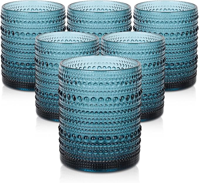 ZMOWIPDL Drinking Glasses Set of 6,12oz Blue Hobnail Glass Cups | Vintage Glassware，Embossed Water Tumbler,for Beer,Cocktail,Whiskey,Juice and Various Mixed Drinks- 1 Cleaning Brus by ZMOWIPDL