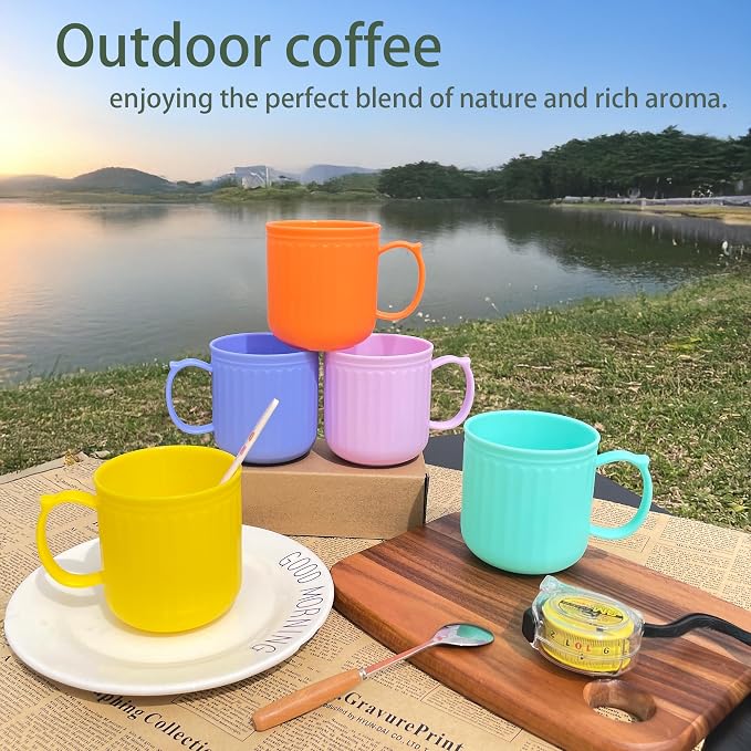 Plastic Coffee Mug with Handle set of 6, 16 oz Iced-Tea Cup Rainbow | BPA Free Reusable Food Grade PP, Unbreakable, Dishwasher Safe, Lightweight, Elderly Kid Safe, Kitchen Party Camping Outdoor - Image 5