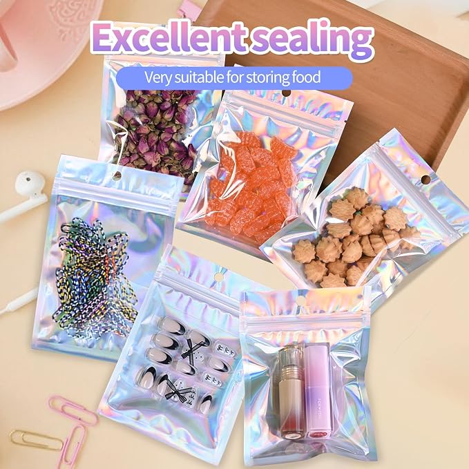 4"X6"120Pcs Resealable Holographic Aluminum Stand Bag for Small Business&Personal, Reusable Smell Proof Mylar Bags with Clear Window Ziploc Foil Pouch for Packaging,Jewelry,Nail Art,Makeup,Candy,Snack - Image 6
