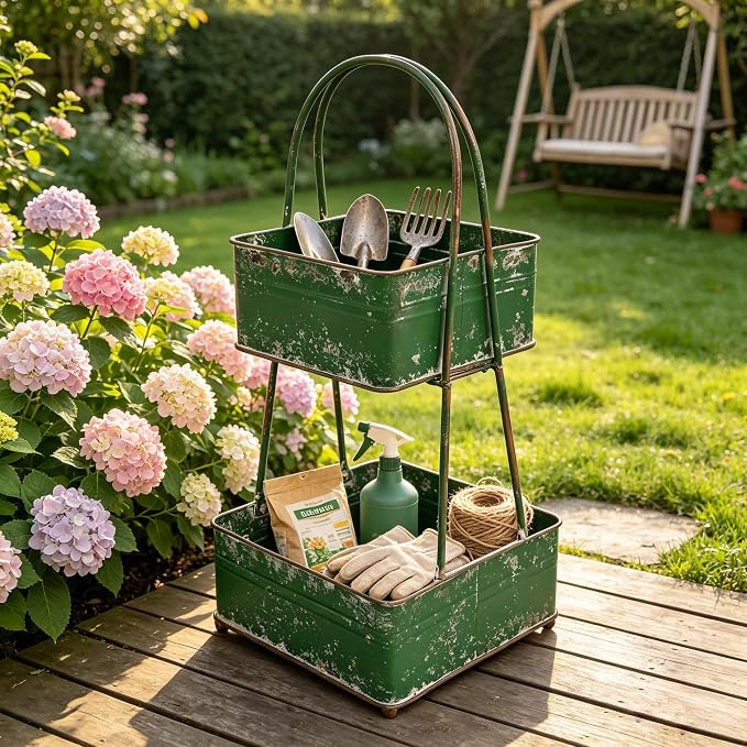 Vintage Metal Storage Basket 2-Tier 25.98" H Farmhouse Distressed Kitchen Counter Organizers Rustic Double-Layer Organizing Bin for Kitchen Pantry (Green) - Image 6