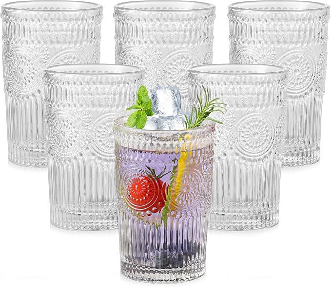 ZMOWIPDL Drinking Glasses Set of 6,13oz Flower Design Clear Glass Cups | Vintage Glassware,Textured Tumblers,Embossed Striped Drinkware for Water,Cocktails,Juice,Iced Coffee by ZMOWIPDL