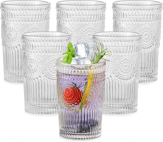 ZMOWIPDL Drinking Glasses Set of 6,13oz Flower Design Clear Glass Cups | Vintage Glassware,Textured Tumblers,Embossed Striped Drinkware for Water,Cocktails,Juice,Iced Coffee by ZMOWIPDL