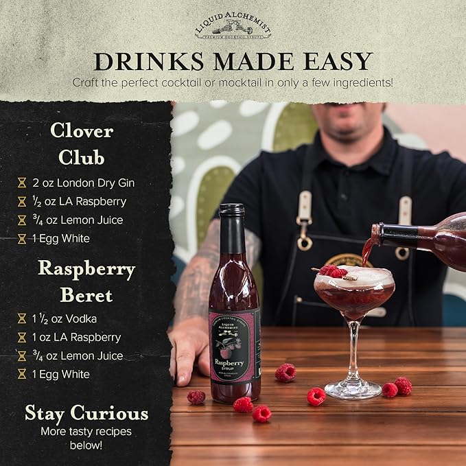 Liquid Alchemist Raspberry Syrup for Drinks - Real Ingredients Make the Perfect Summer Cocktail or Margarita Mix - Our Raspberry Cocktail Syrup is Non-GMO & Vegan (12.7 oz)