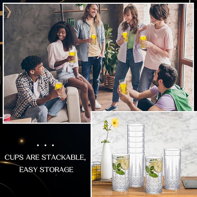 Uiifan Set of 12 Tall Highball Glasses 12 oz Crystal Drinking Glasses Clear Fancy Cups Vintage Textured Designer Glassware for Cocktail Tea Water Beer Soda Beverages, Dishwasher Safe (Diamond Pattern) - Image 6