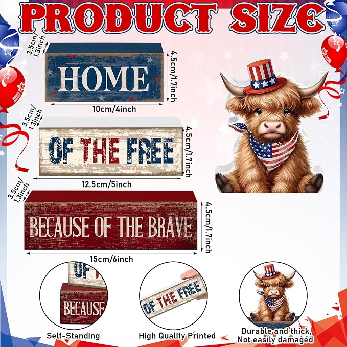 Moucuny 4 Pcs 4th of July Decorations Patriotic Highland Cow Wooden Block Sign Set America Table Decor Patriotic Tiered Tray Decor Red White Blue Memorial Day Centerpieces for 250th Anniversary Home - Image 3