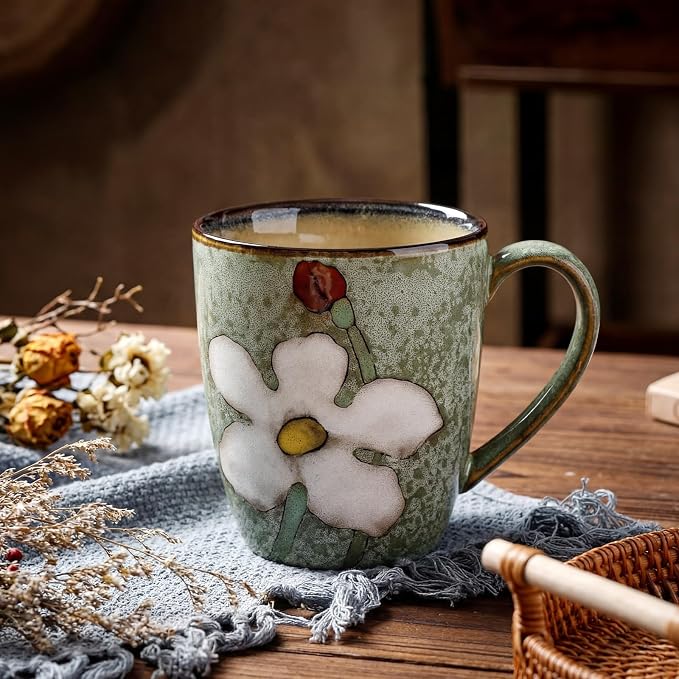 Maxdot 1 Pcs 12oz Ceramic Coffee Mugs Sets Glazing Process Cappuccino Mug Floral Ceramic Tea Cups Idea Gift Set for Women Porcelain Cup for Coffee, Cocoa, Tea, Latte (Retro) (Fresh) - Image 3