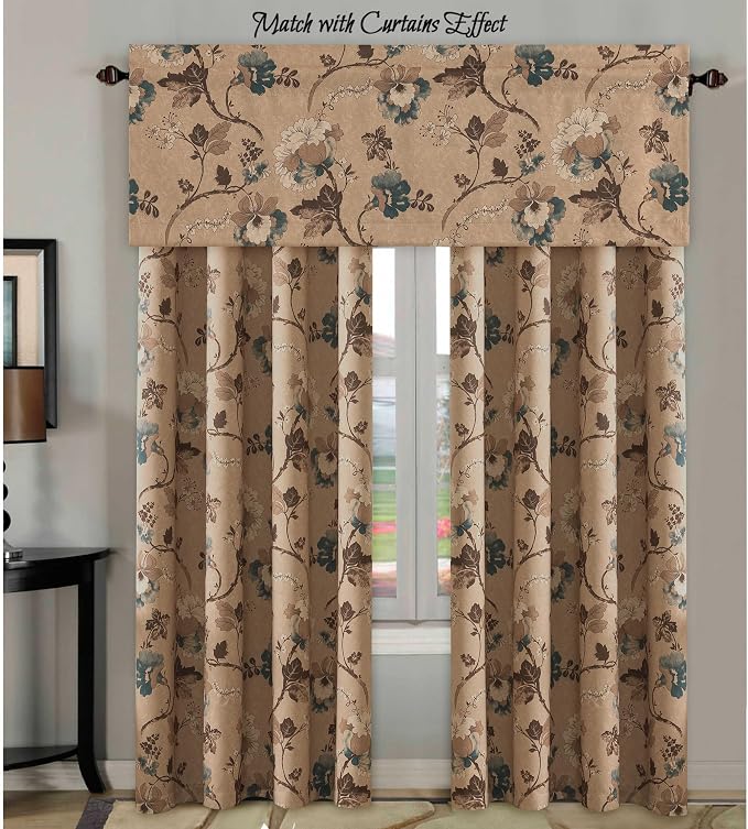 H.VERSAILTEX Blackout Curtain Valances for Kitchen Window/Living Room/Bathroom Privacy Added Rod Pocket Home Decoration Winow Valance, 52" W x 18" L, Floral in Brown and Blue - Image 8