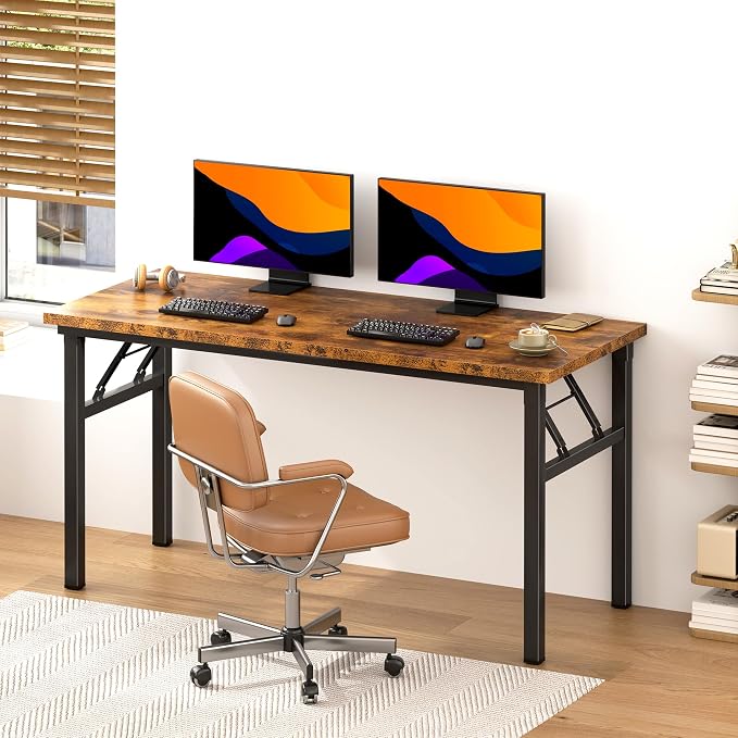 DlandHome 54.3 Inch Large Folding Computer Desk, Fully Assembled, Retro | Foldable Writing Table, Portable Activity Conference Table for Home Office, Wood Top Metal Frame, Collapsible Easy Storage - Image 2