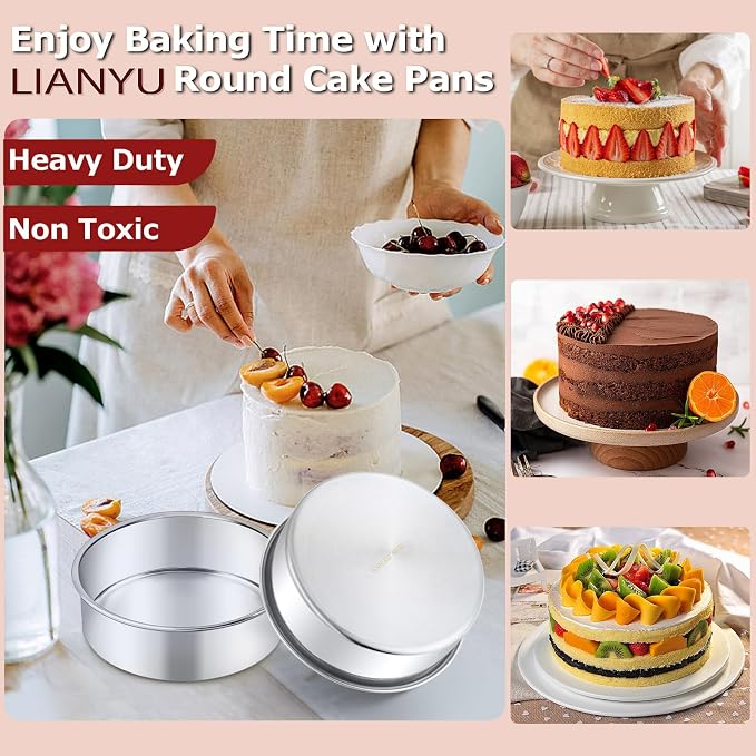 LIANYU 8 Inch Round Cake Pan Set, Baking Pans with 60 PCS Parchment Paper | Pure Stainless Steel, 2 Piece Metal Circle Layer Cake Tins for Birthday Christmas Party Wedding, Oven & Dishwasher Safe - Image 6